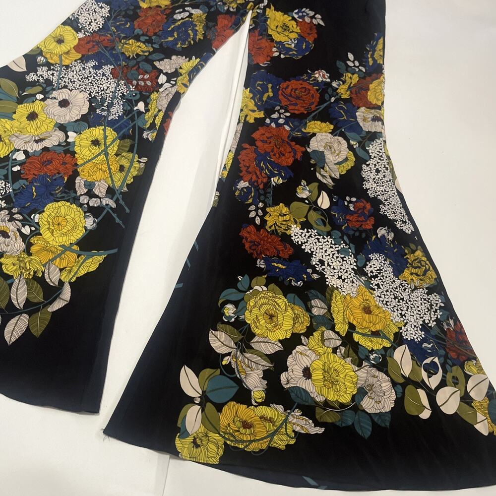 Sz 1 Sandro Paris Women's Bell Bottoms Flared Printed 100% Silk Floral Pants - Picture 4 of 15